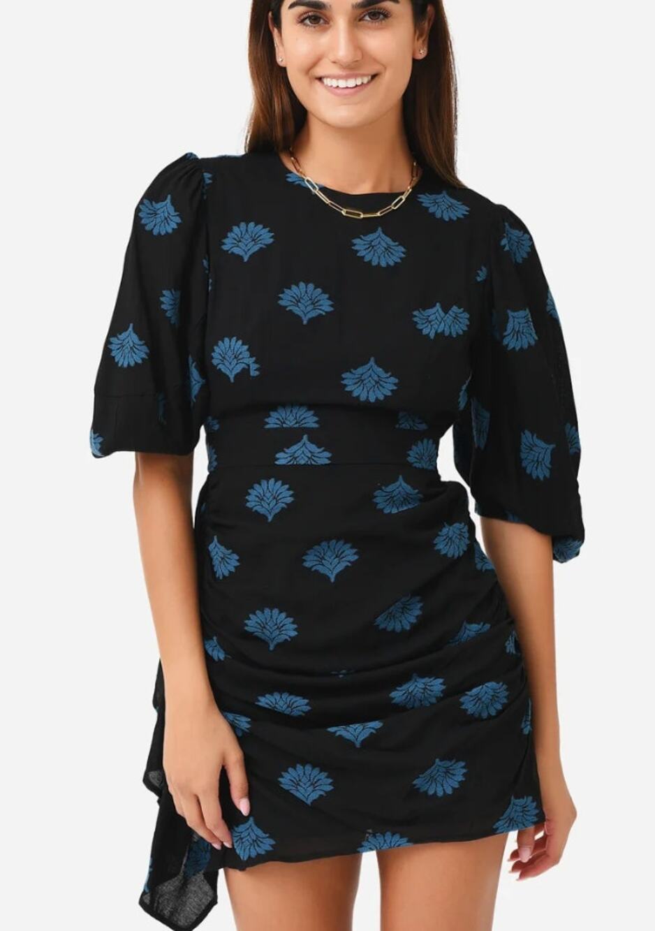 Rhode Pia Mini Dress Black Blue Fan Clip Jacquard Puff Sleeve Cotton Mini Size 2